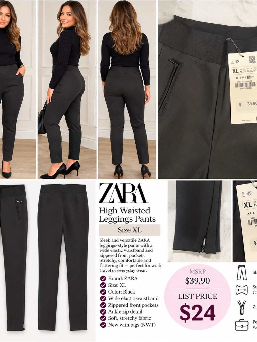Zara Men Black Slim Stretch Dress Pants
